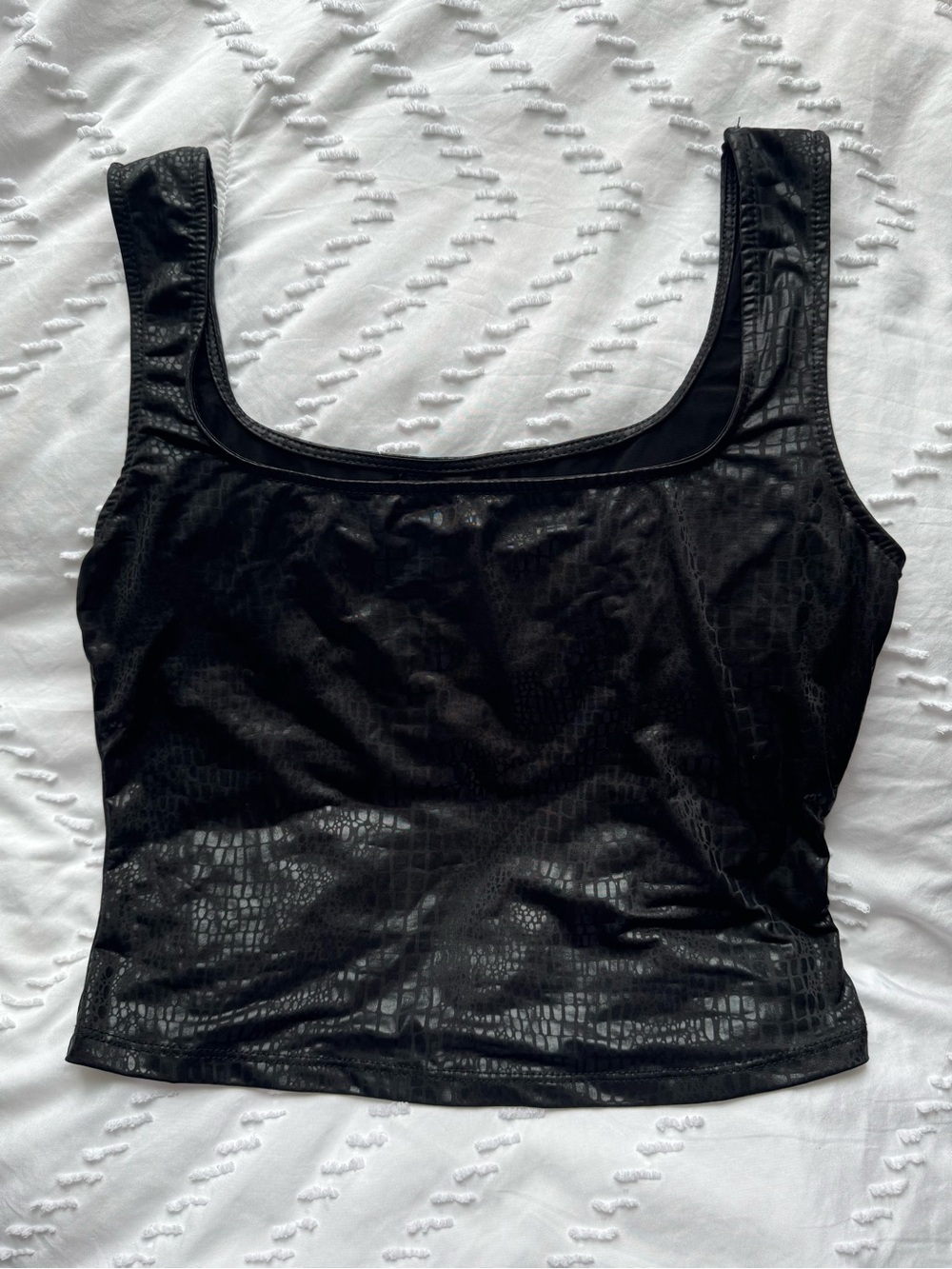 Black Cropped Scoop-Neck Tank with Subtle Croc Texture